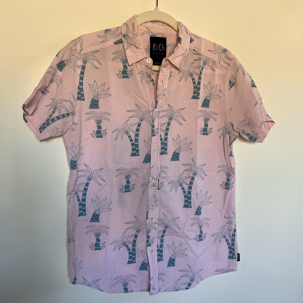 RVCA x Kristin Liu Wong Pink and Blue Palm Print Women’s Shirt Size Small
